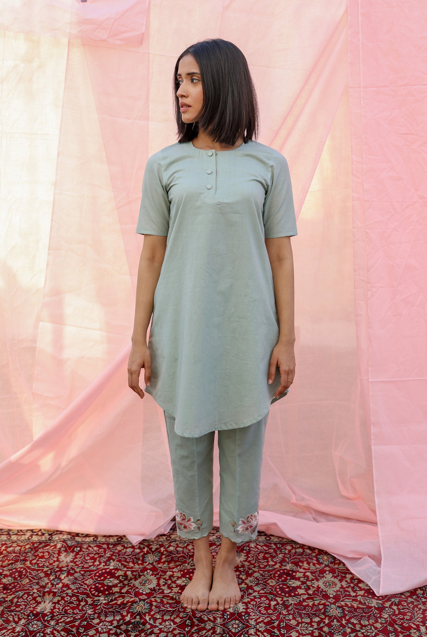Sea Green Kurta Set with Embroidered Pants