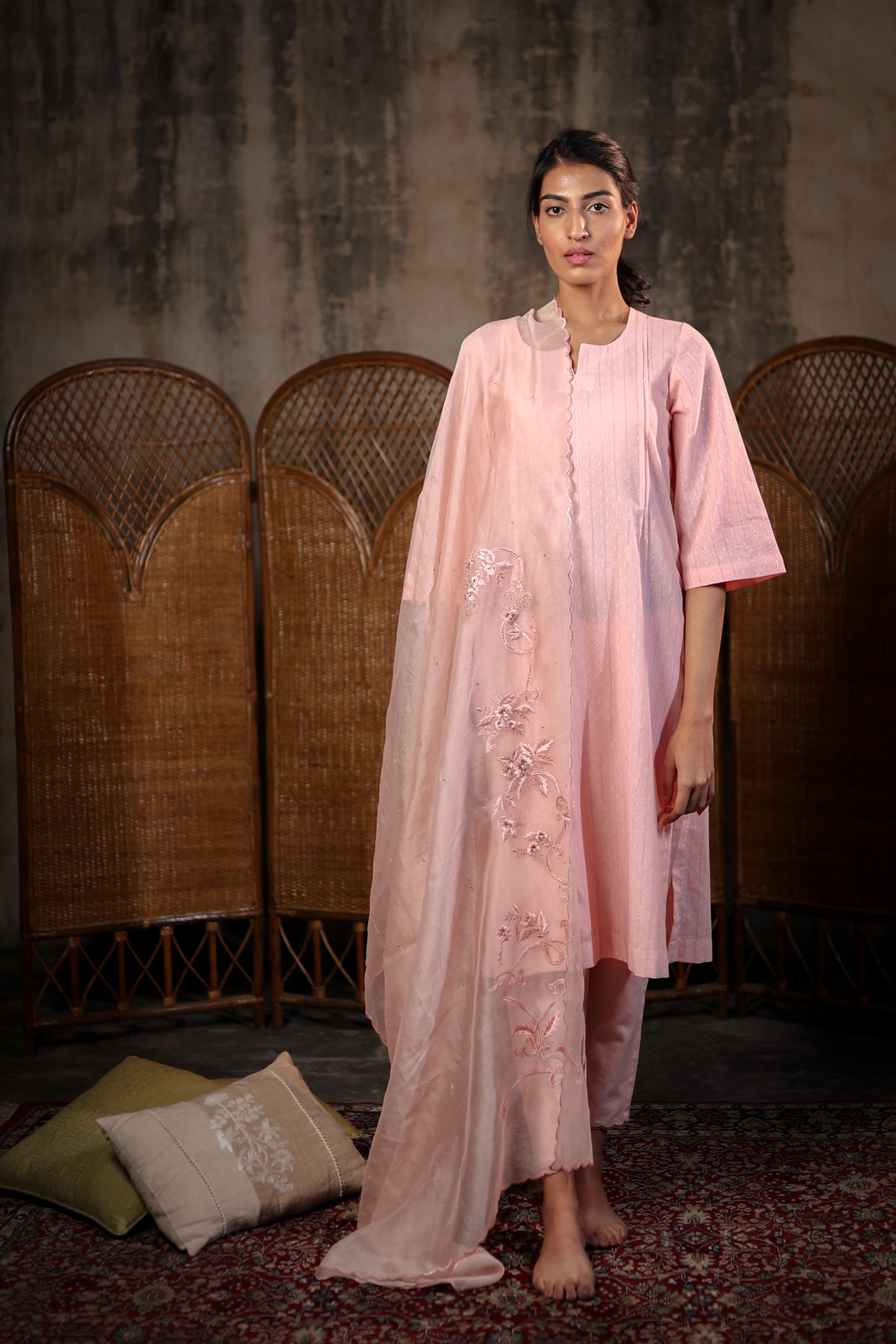 Peach Kurta Set with Embroidered Dupatta
