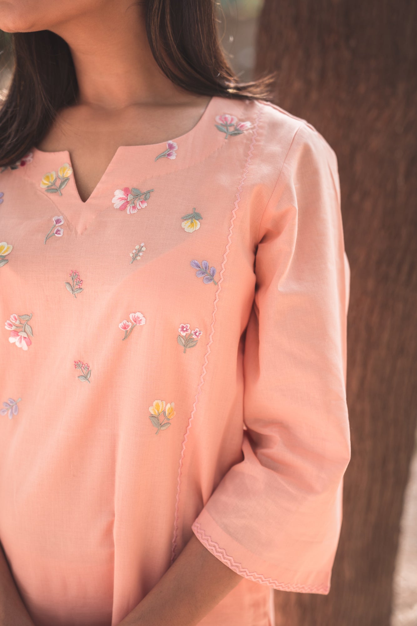Peach Kurta Set with Embroidered Floral Petals