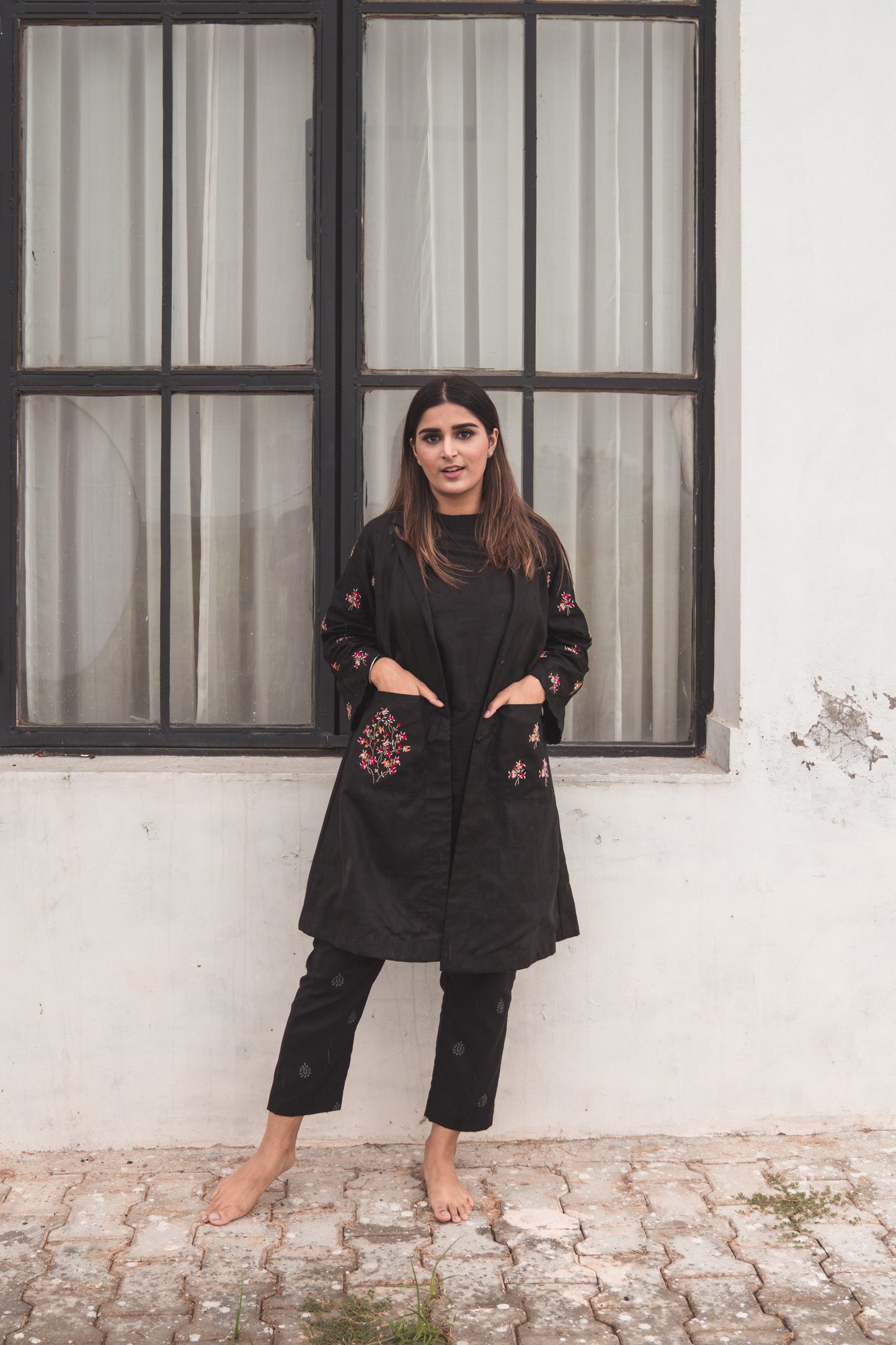 Black Overlay Kurta Set with Embroidered Front Pockets