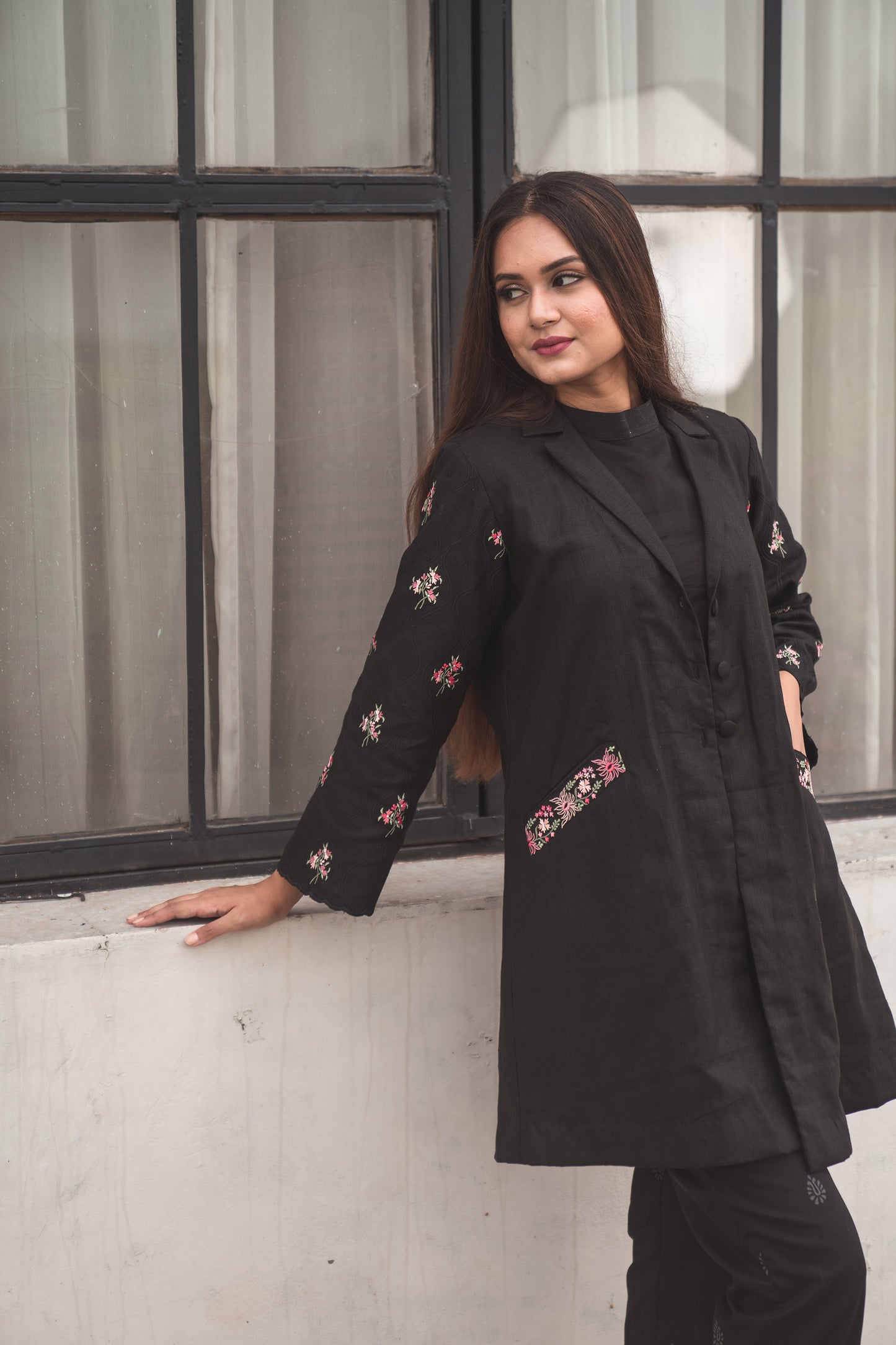 Black Overlay Kurta Set with Embroidered Sleeves