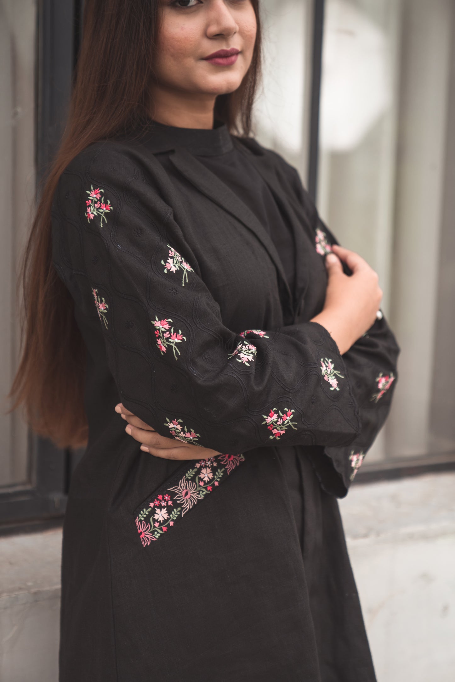 Black Overlay Kurta Set with Embroidered Sleeves