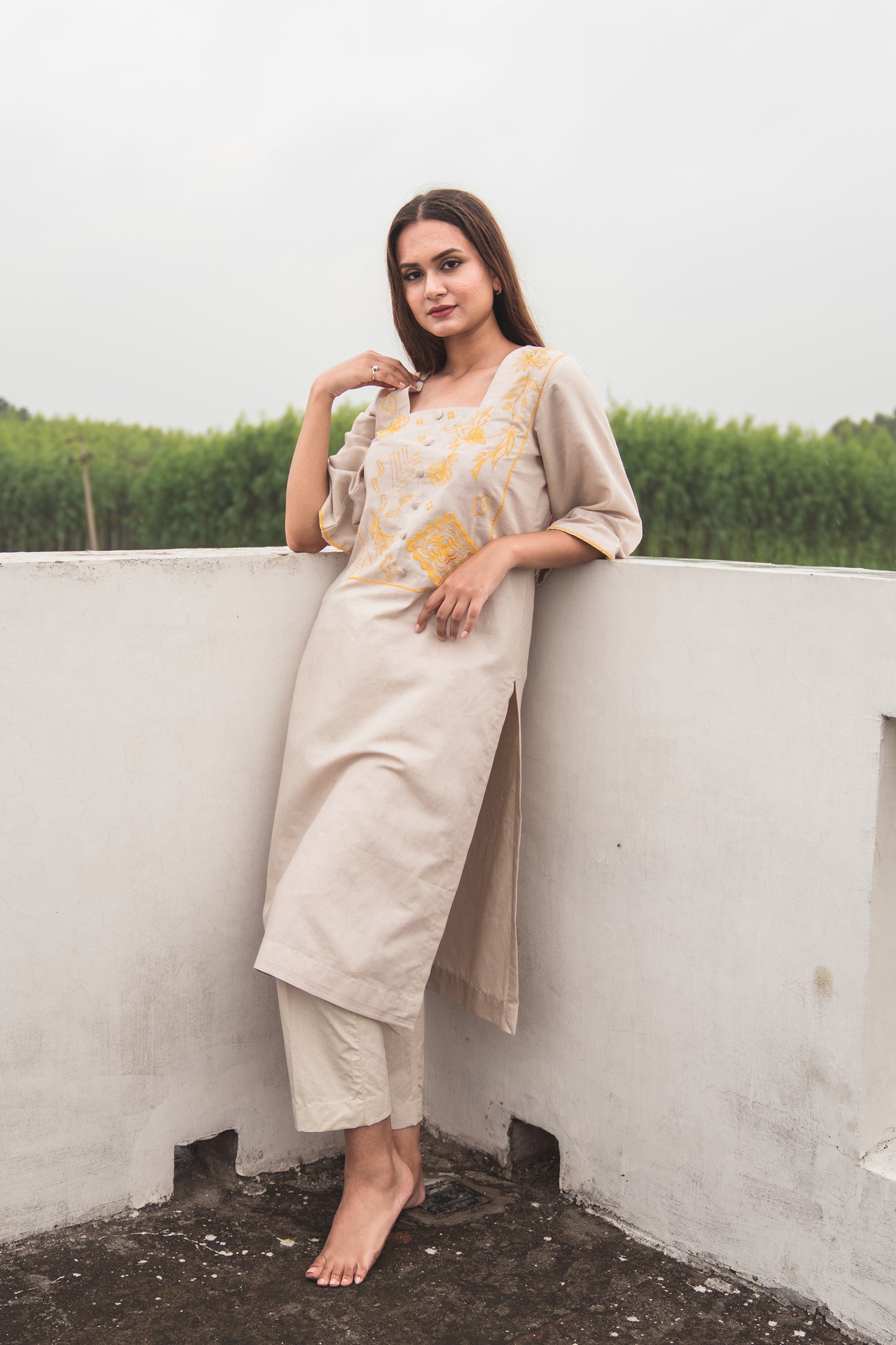 Beige Kurta Set with Embroidered Yoke in Yellow