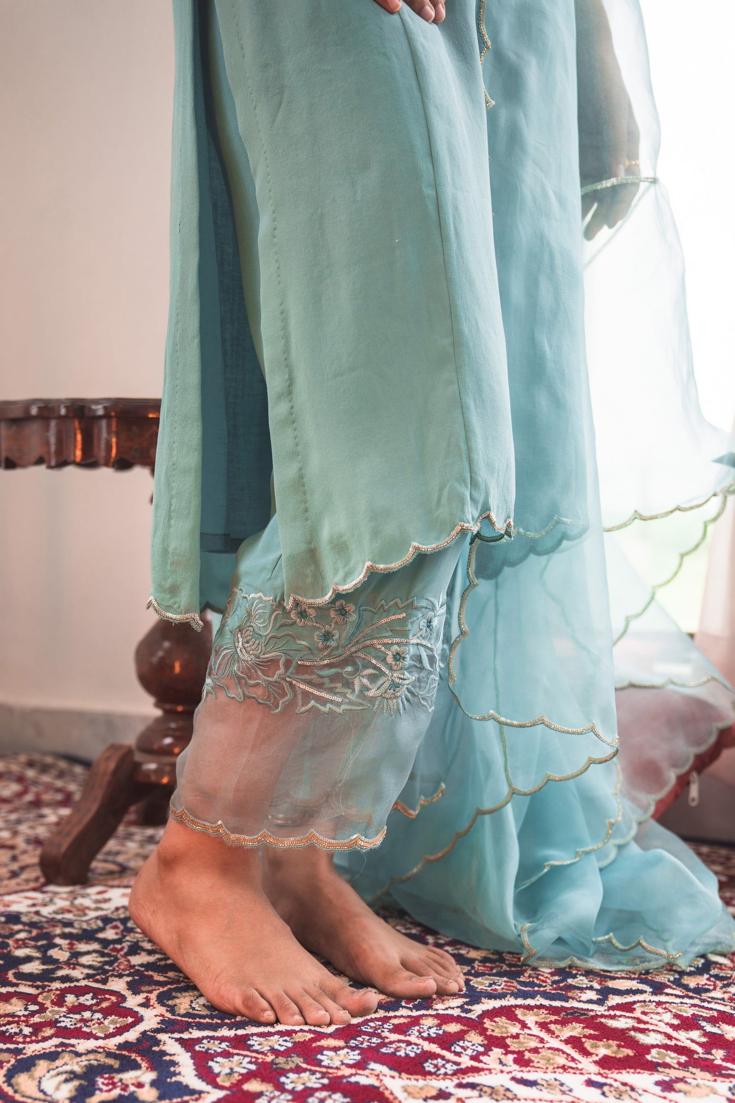 Crepe Kurta Set with Embroidered Pants in Teal