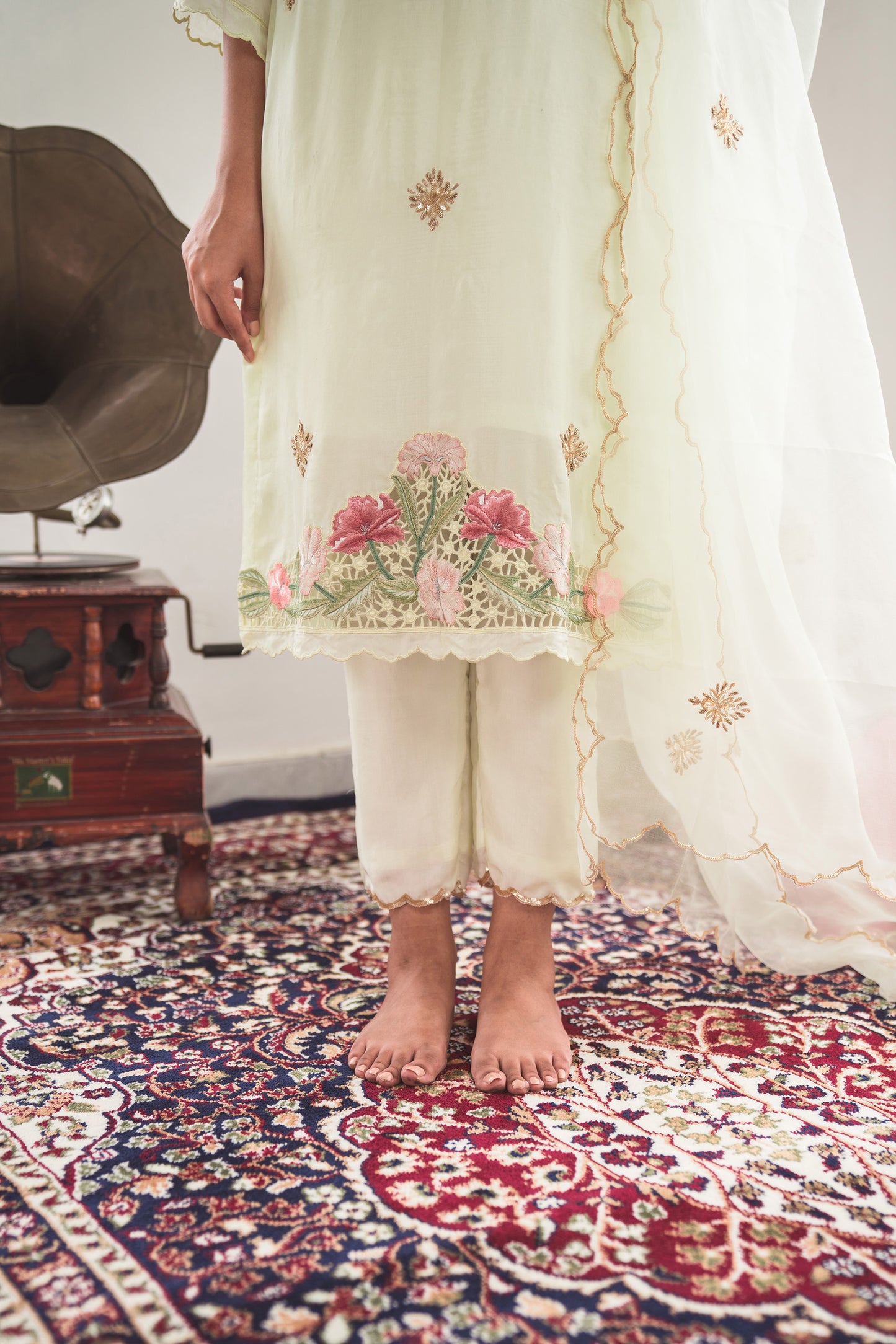 Silk Kurta Set with Cut-Work Embroidery in Soft Lemon