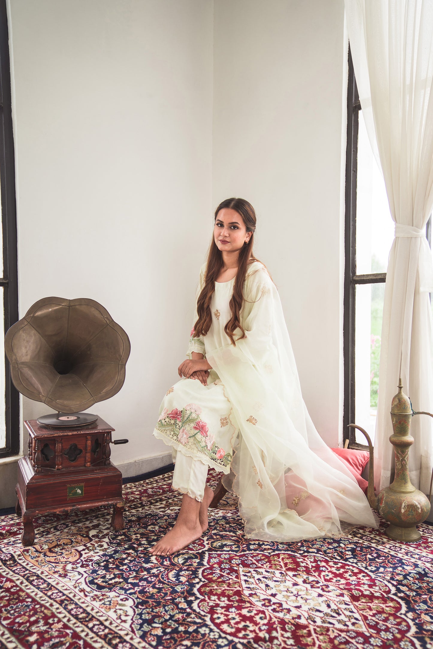 Silk Kurta Set with Cut-Work Embroidery in Soft Lemon