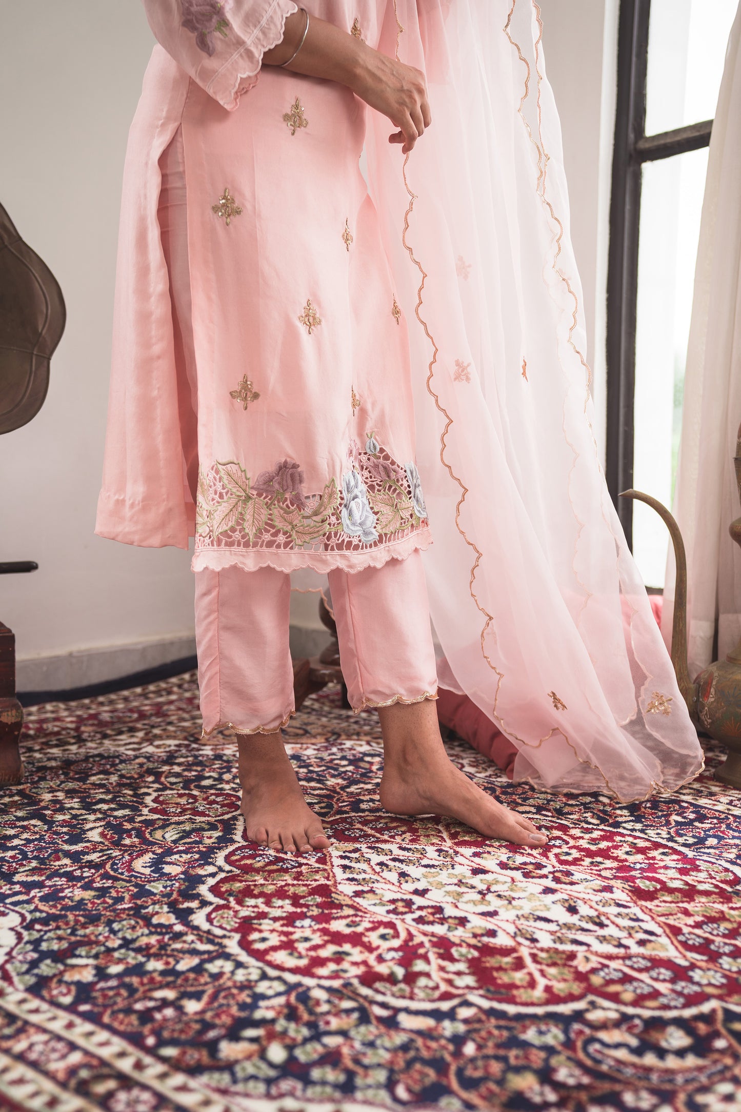 Silk Kurta Set with Cut-Work Embroidery in Pale Pink