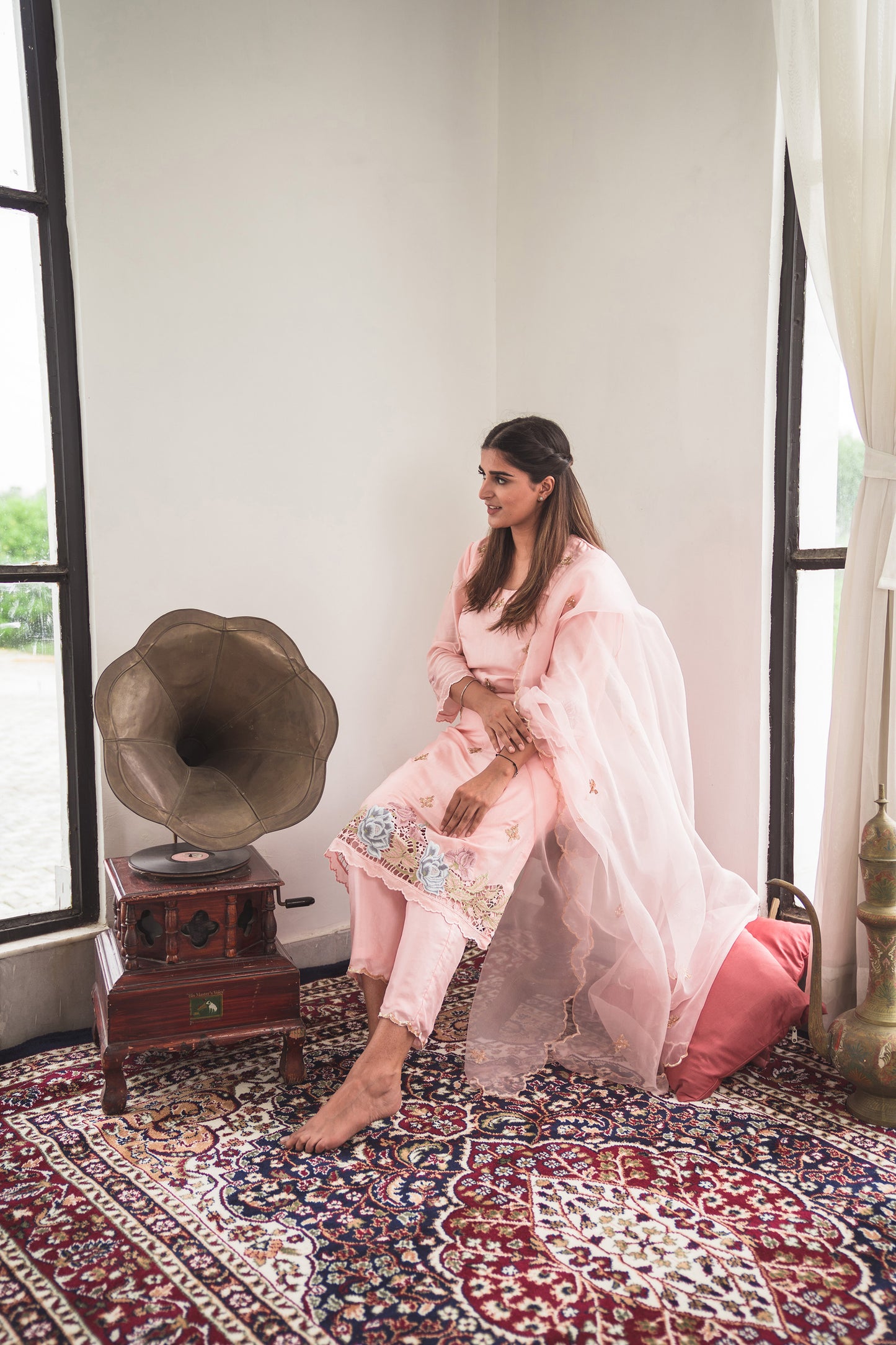 Silk Kurta Set with Cut-Work Embroidery in Pale Pink