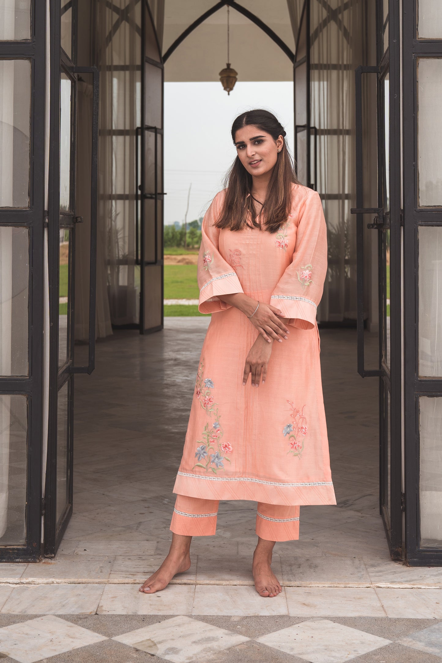 Light Salmon Embroidered Kurta Set in Chanderi Silk