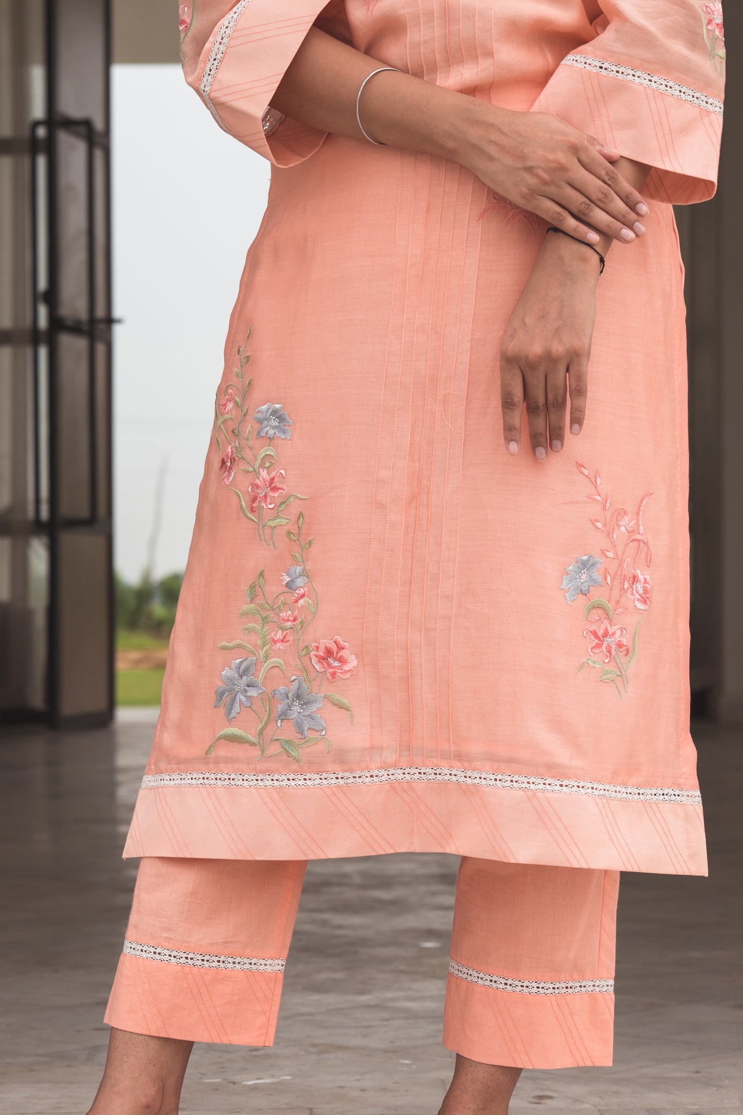 Light Salmon Embroidered Kurta Set in Chanderi Silk