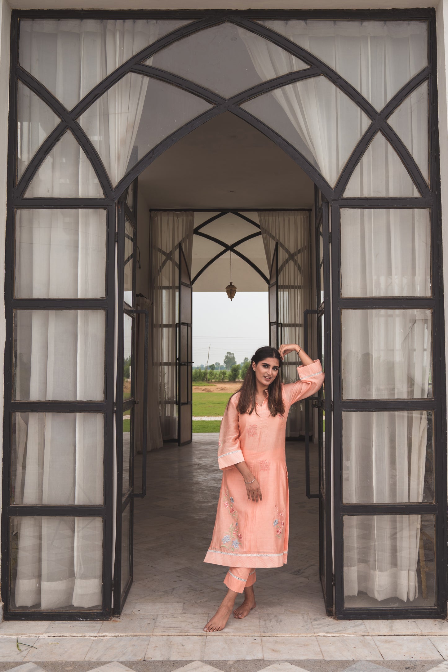 Light Salmon Embroidered Kurta Set in Chanderi Silk