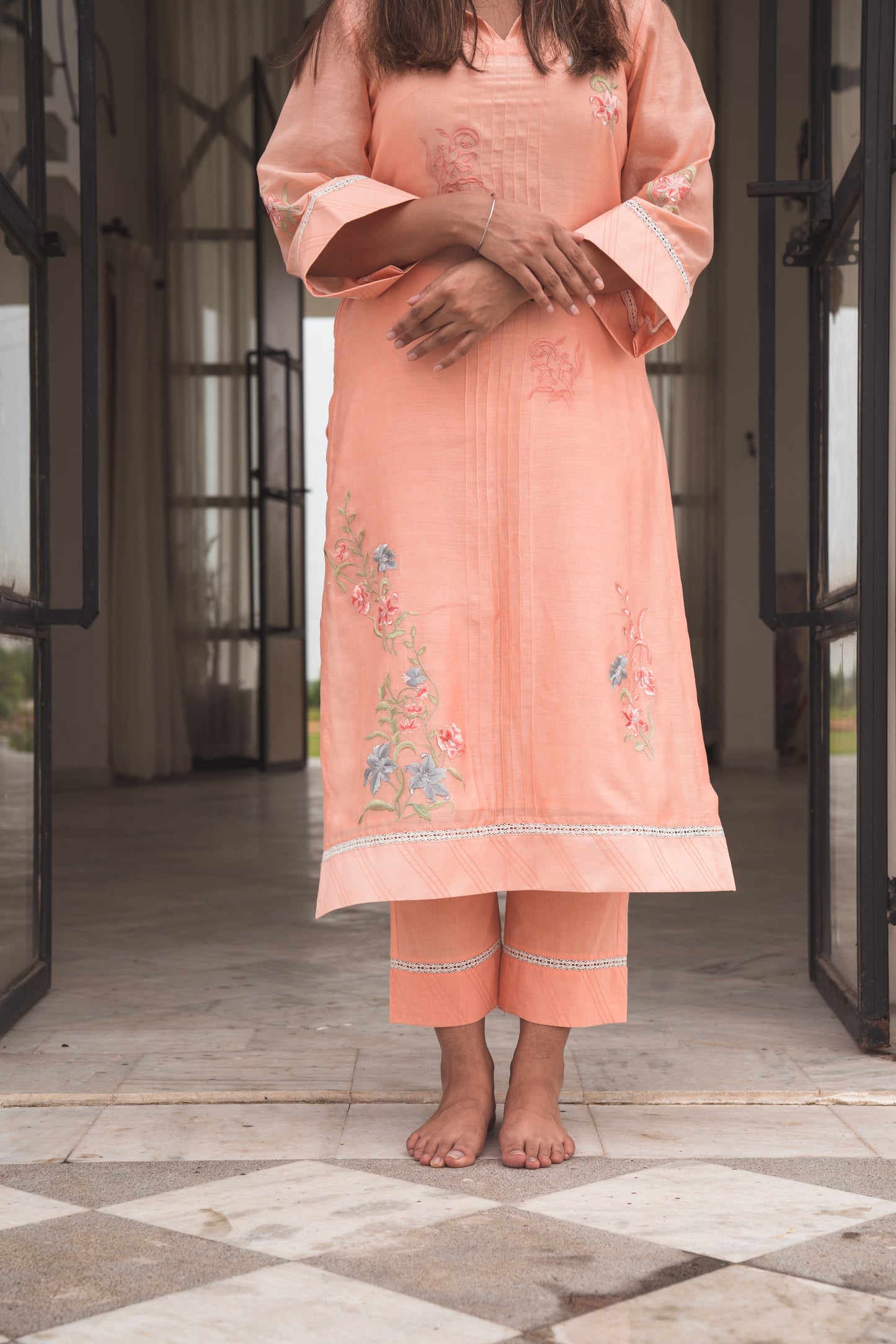 Light Salmon Embroidered Kurta Set in Chanderi Silk