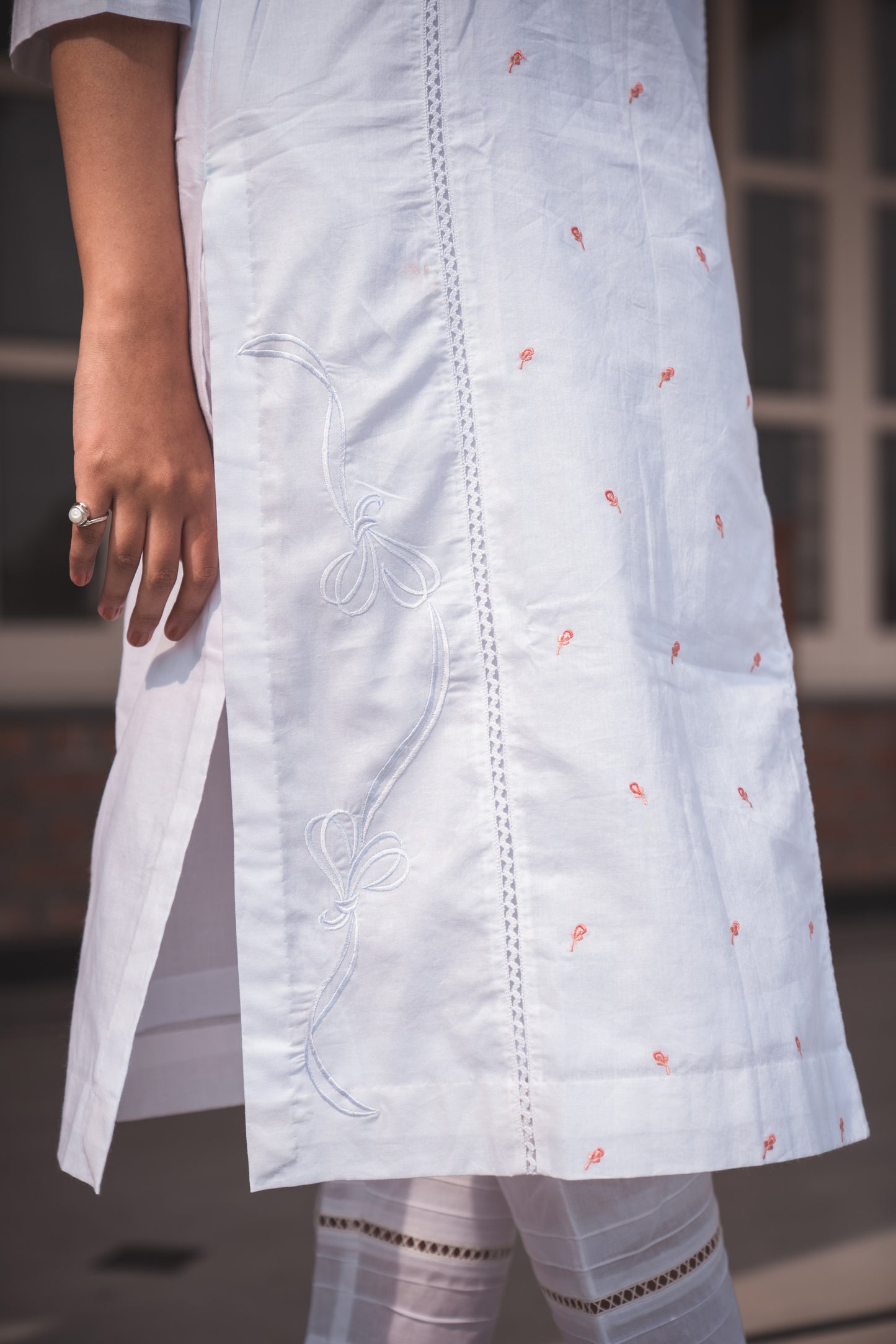 White Kurta Set with Orange Floral Embroidery