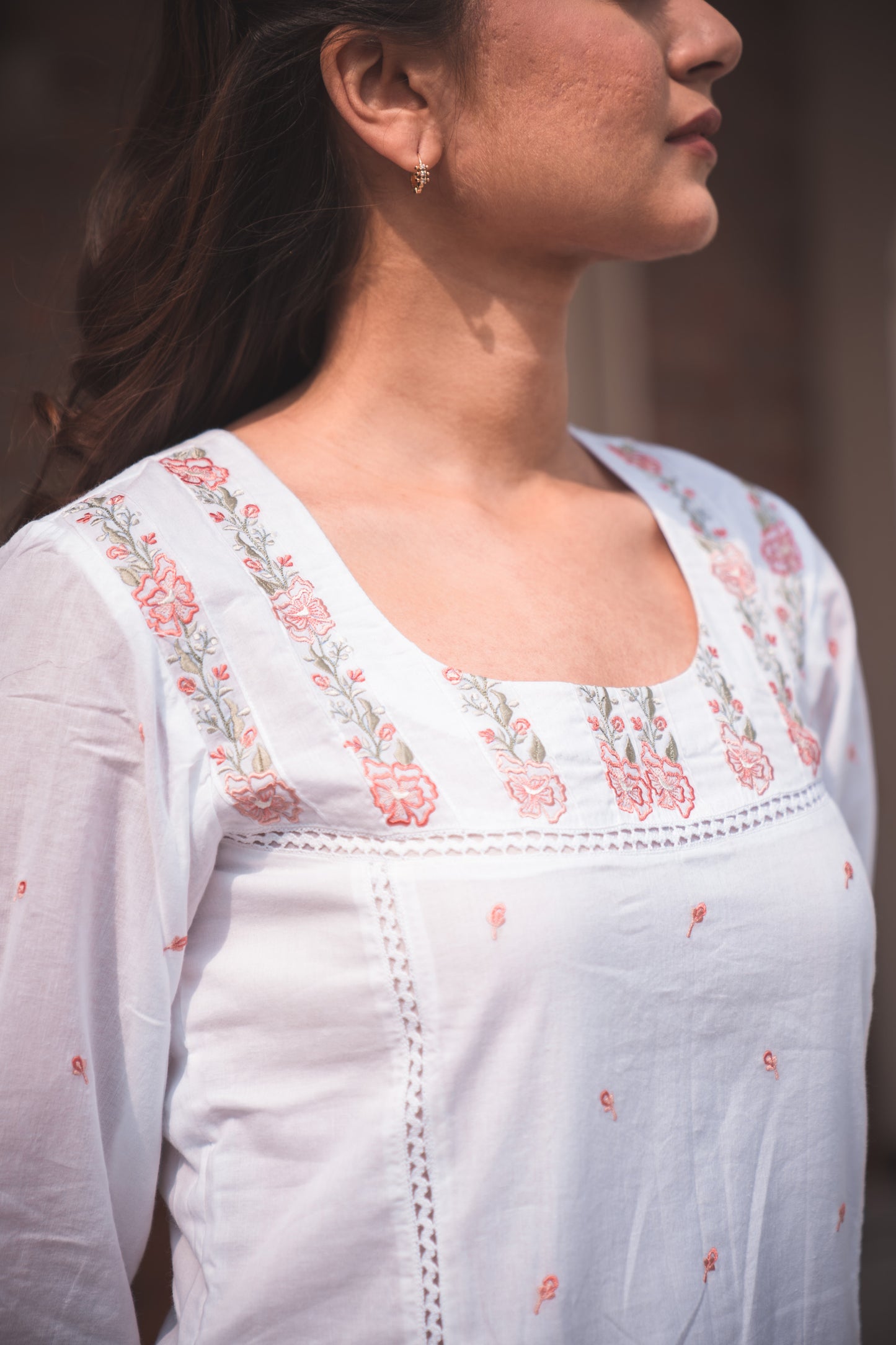 White Kurta Set with Orange Floral Embroidery