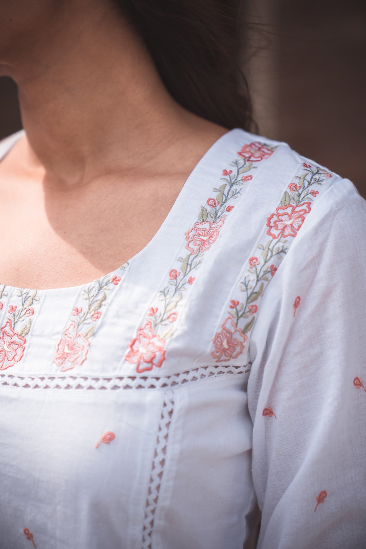 White Kurta Set with Orange Floral Embroidery