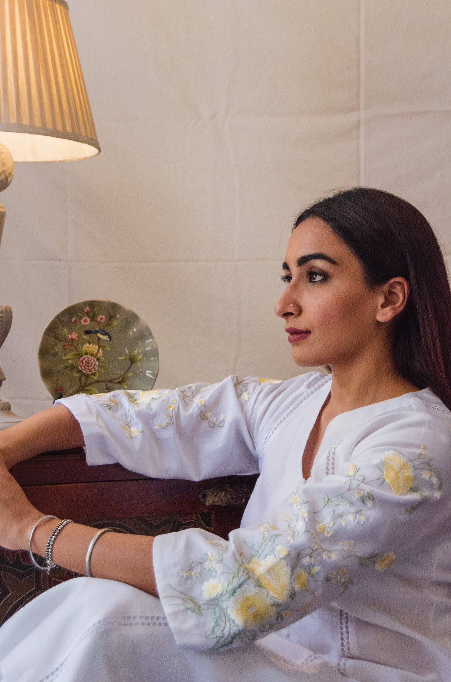 White Kurta Set with Embroidered Sleeves in Yellow