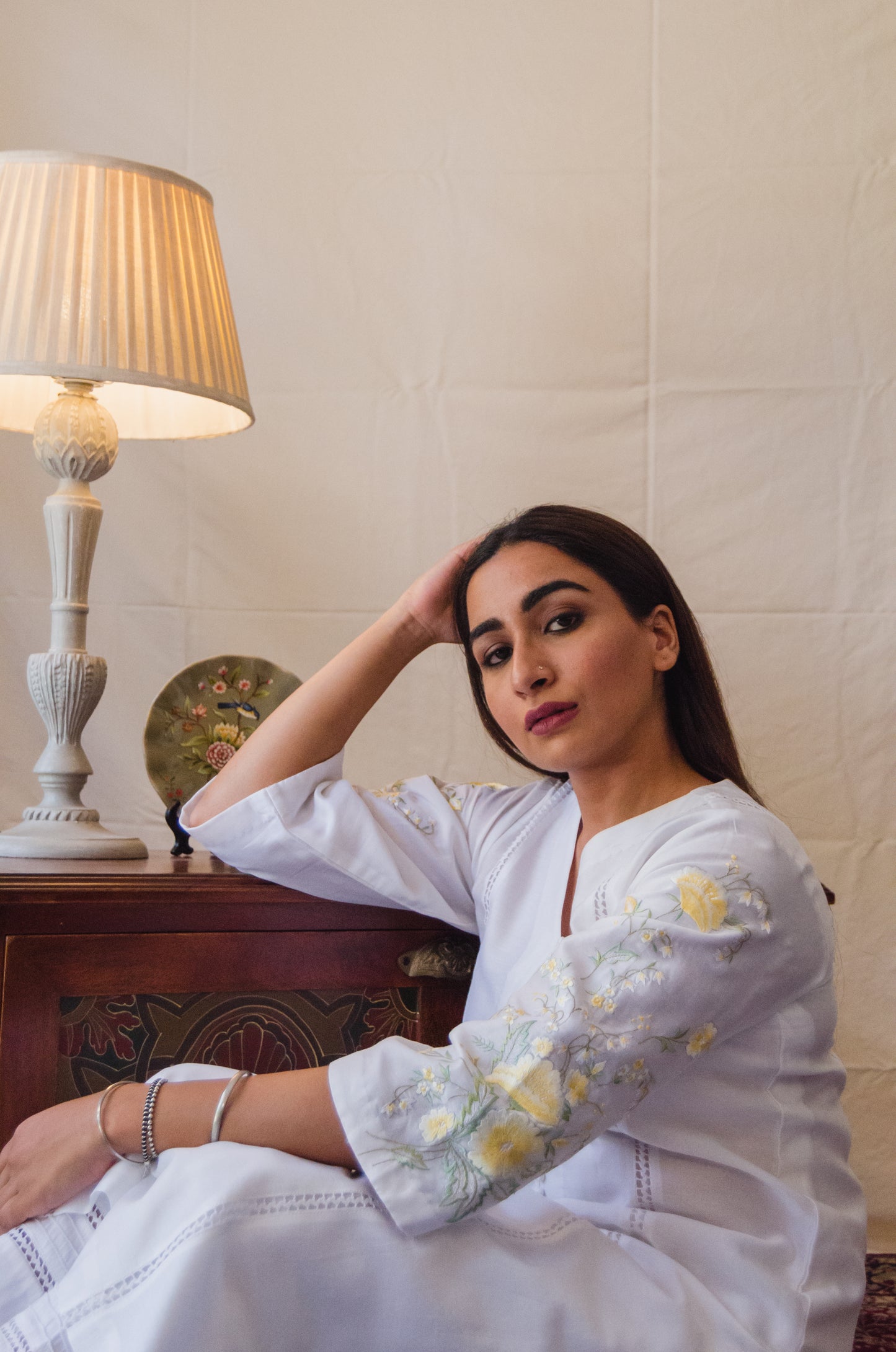 White Kurta Set with Embroidered Sleeves in Yellow