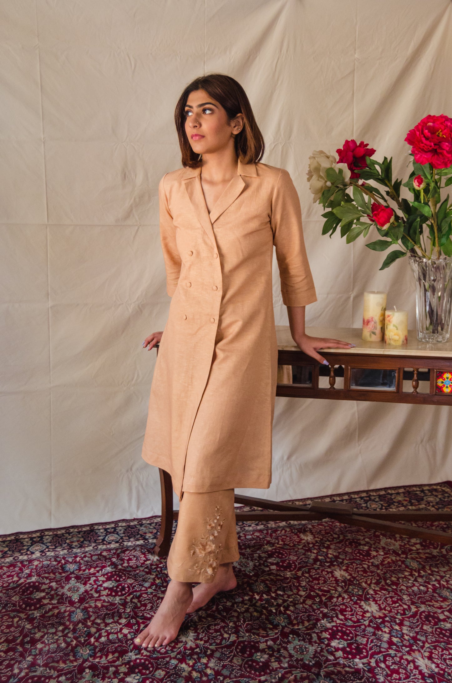 Mustard Double-Breasted Kurta Set with Embroidered Pants
