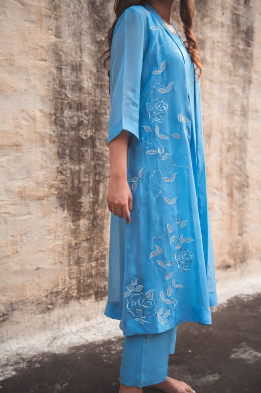 Crepe Kurta Set with Organza Overlay in Cobalt
