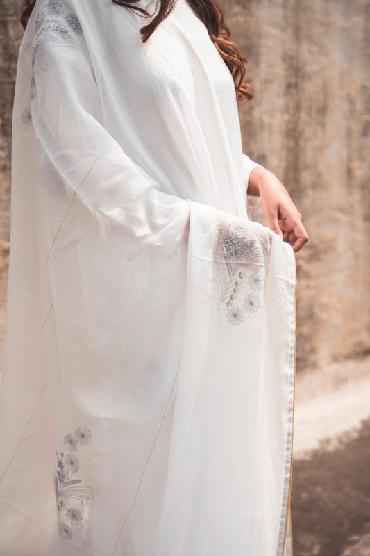 Crepe Kurta Set with Embroidered Dupatta in Ivory