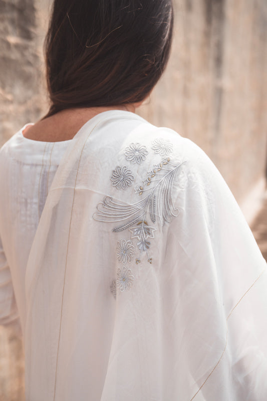 Crepe Kurta Set with Embroidered Dupatta in Ivory