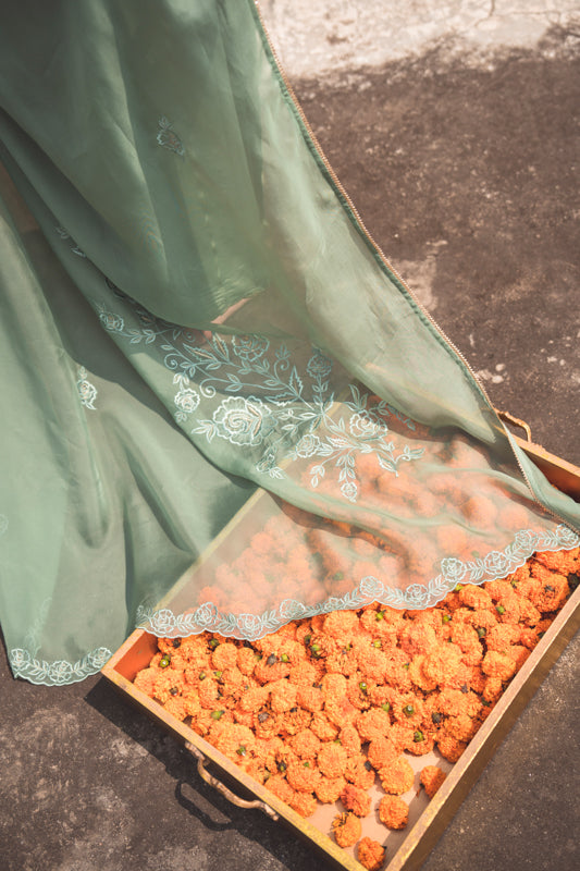 Crepe Kurta Set with Embroidered Dupatta in Dark Sea Green