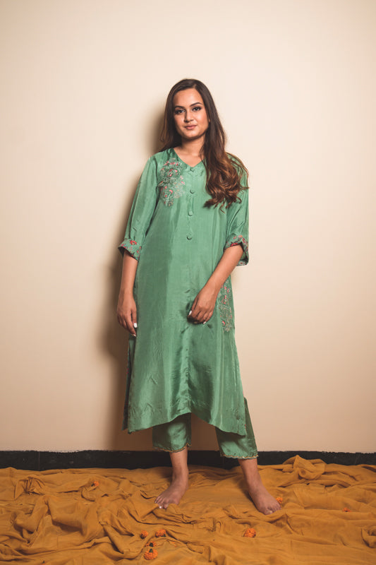 Silk Kurta Set in Caribbean Green