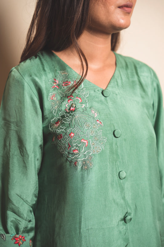 Silk Kurta Set in Caribbean Green