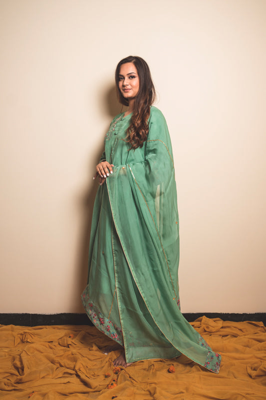 Silk Kurta Set in Caribbean Green