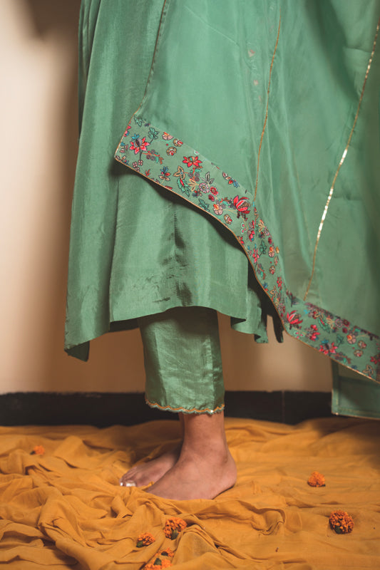 Silk Kurta Set in Caribbean Green