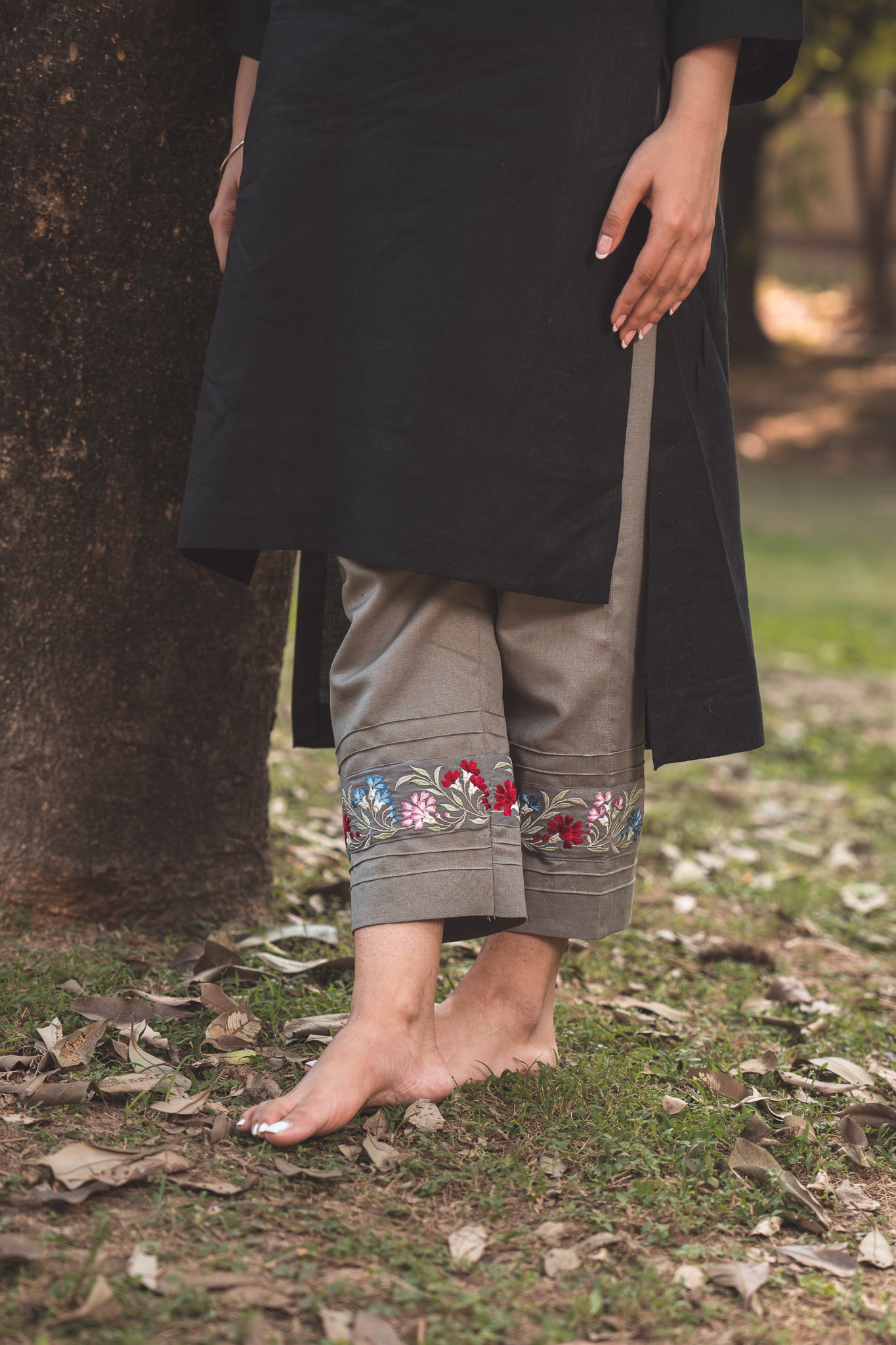 Black Kurta with Embroidered Pants in Stone Grey