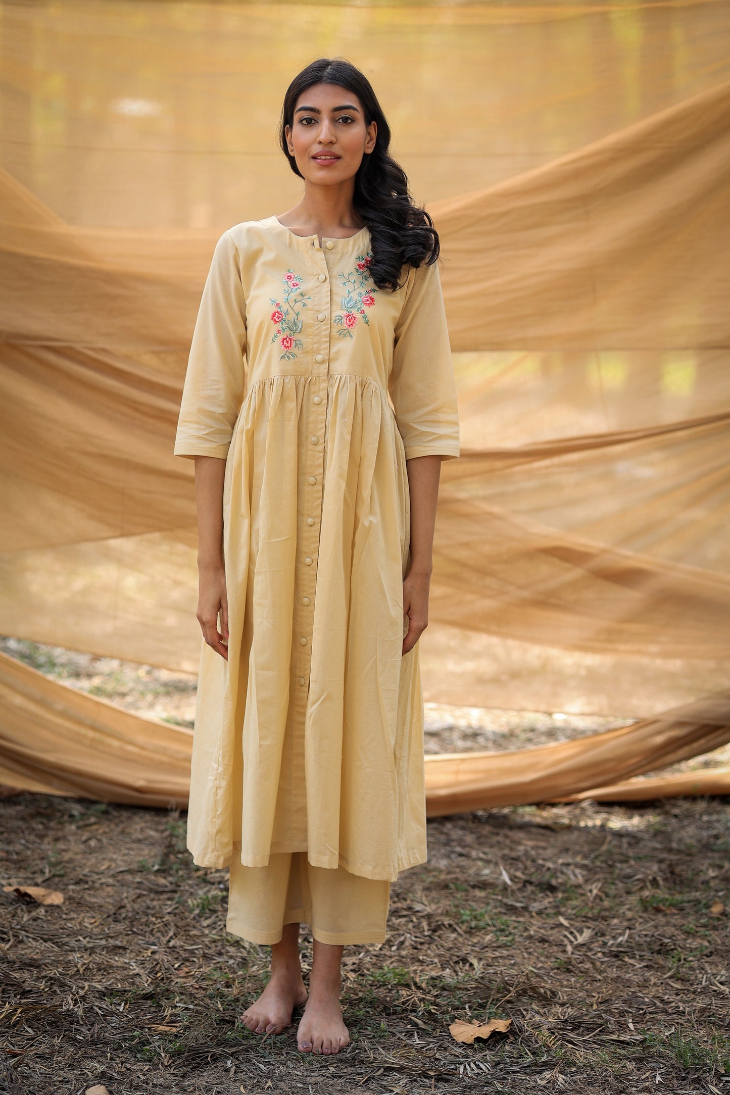 Long Pleated Kurta Set in Mustard