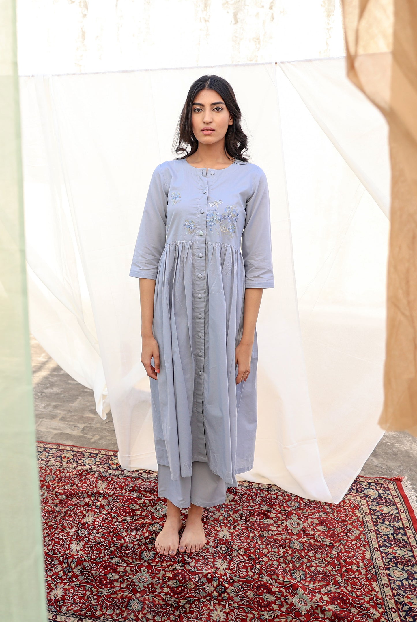 Long Pleated Kurta Set in Cool Grey