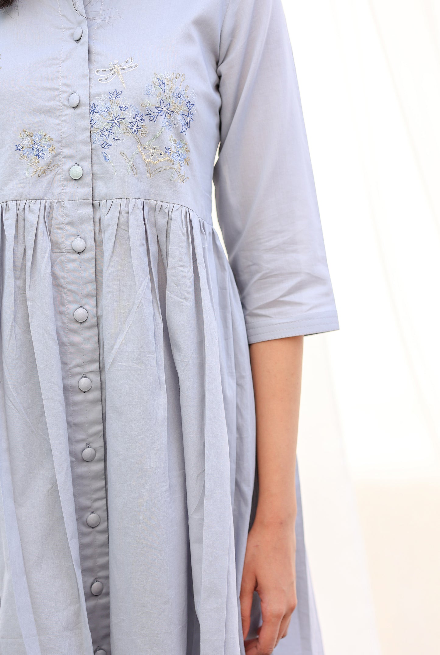 Long Pleated Kurta Set in Cool Grey