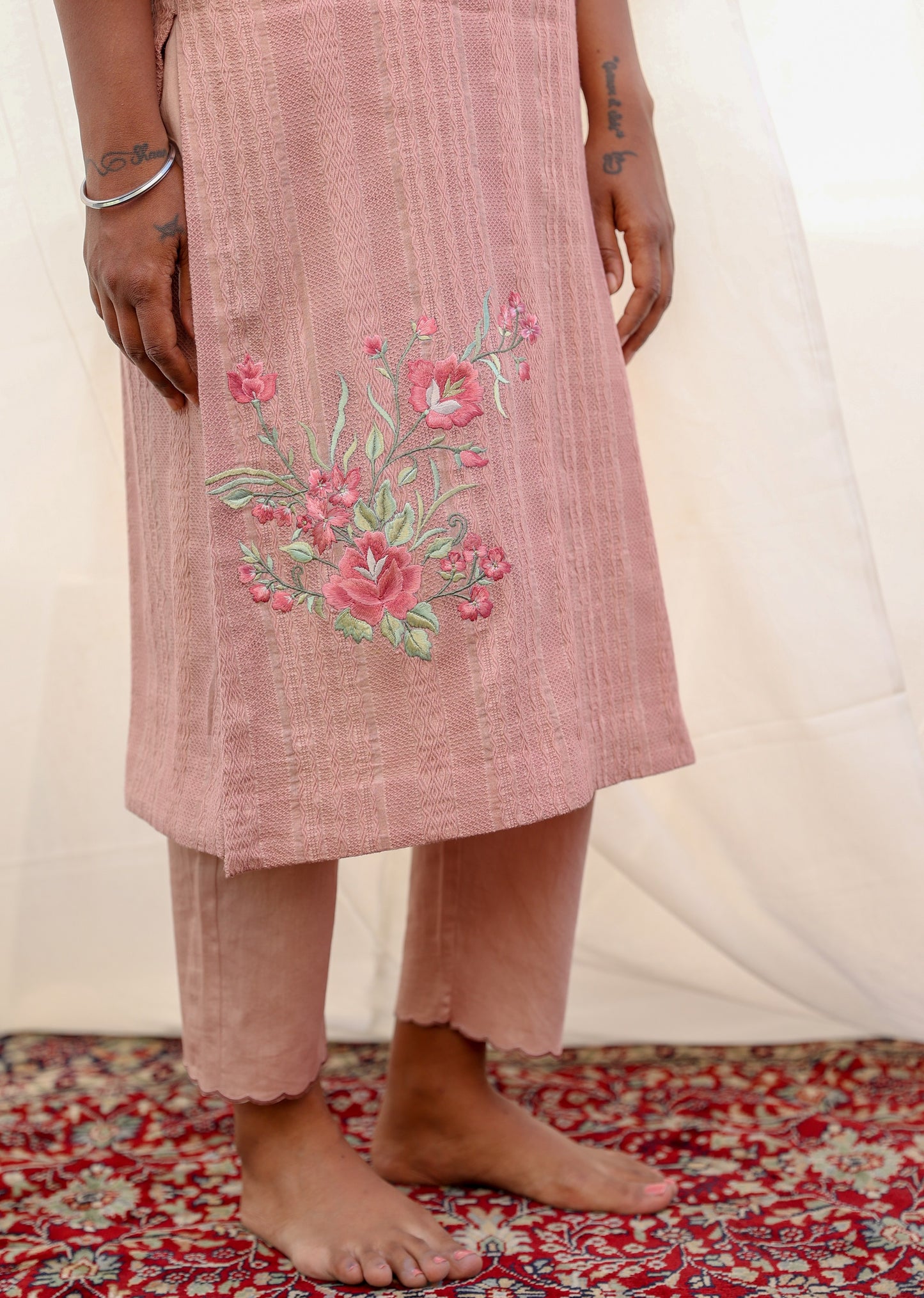 Self-woven Cotton Kurta Set in Rose Dawn