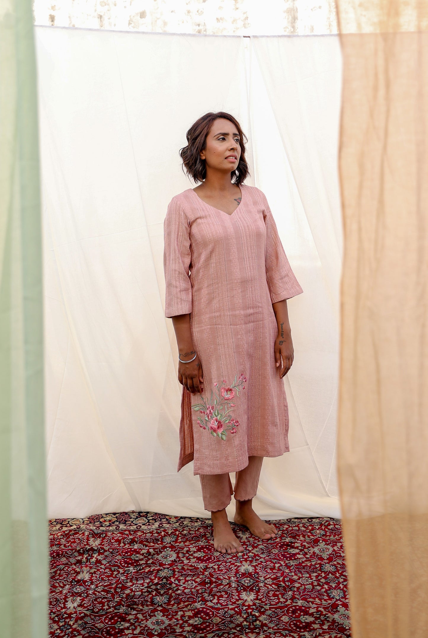 Self-woven Cotton Kurta Set in Rose Dawn