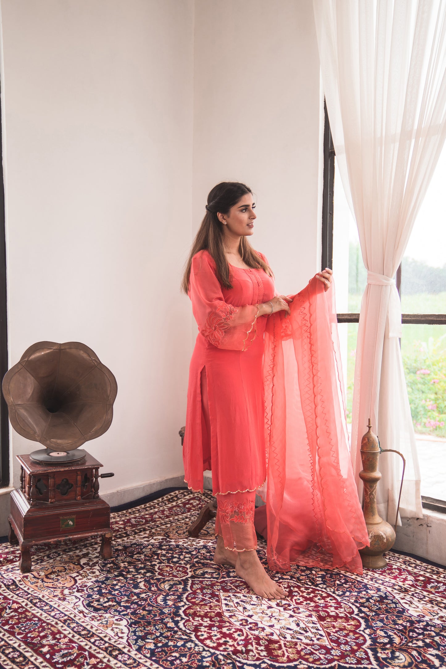 Crepe Kurta Set with Embroidered Pants in Coral