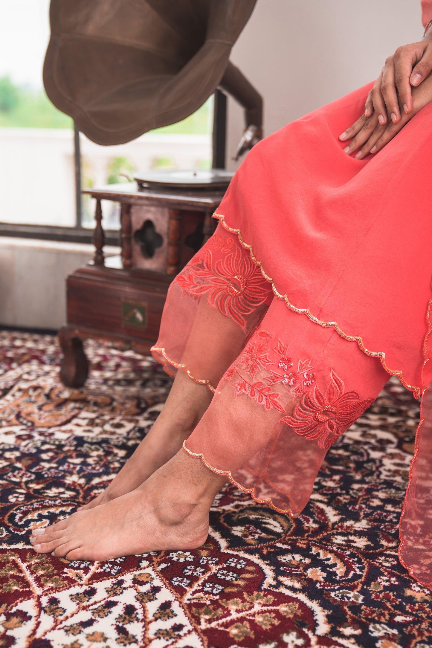 Crepe Kurta Set with Embroidered Pants in Coral