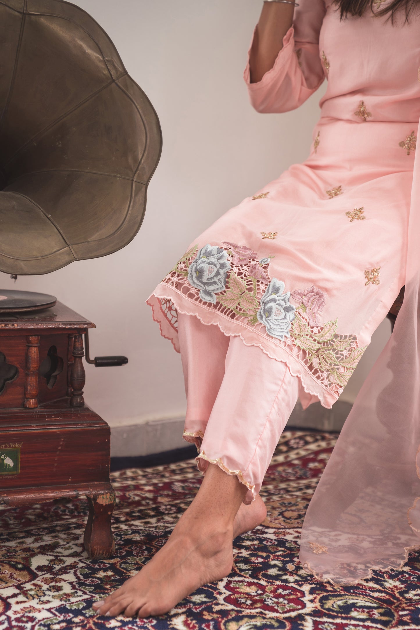 Silk Kurta Set with Cut-Work Embroidery in Pale Pink