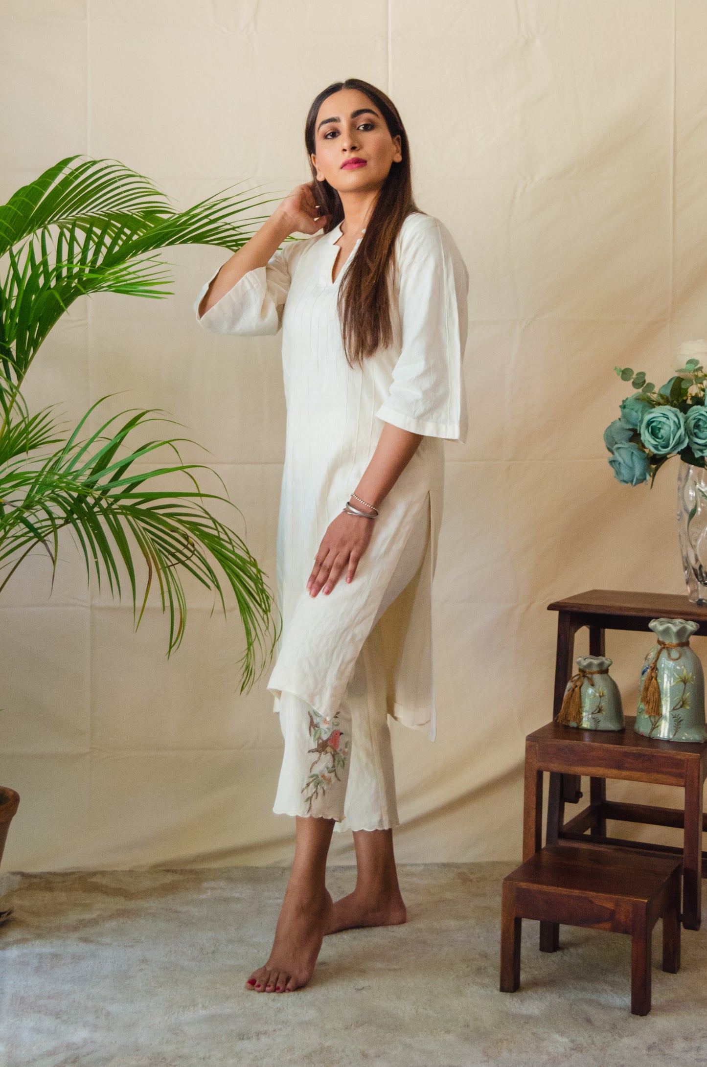Cream Kurta Set paired with Sparrow embroidered pants