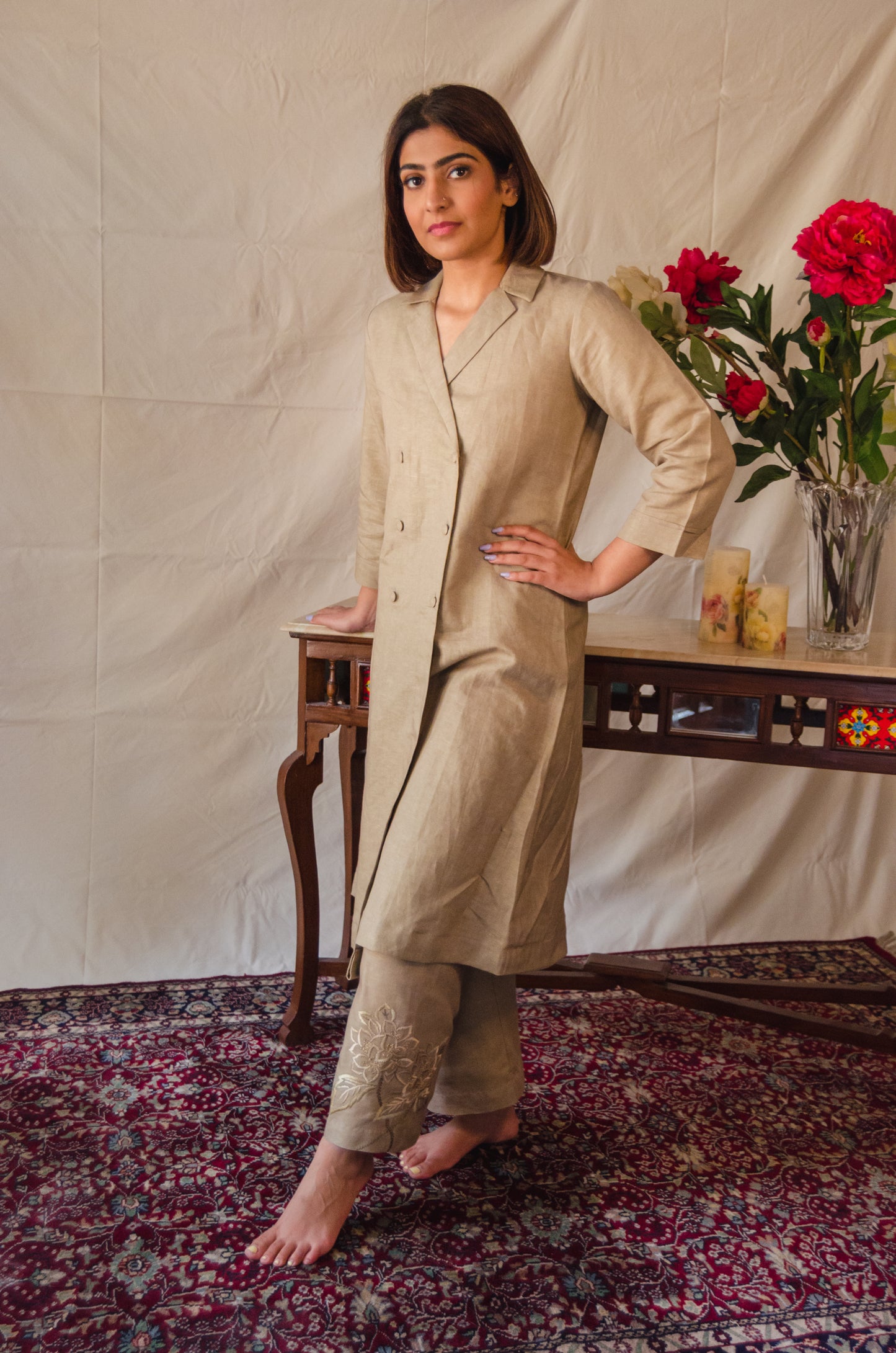 Khaki Pants with Floral Embroidery