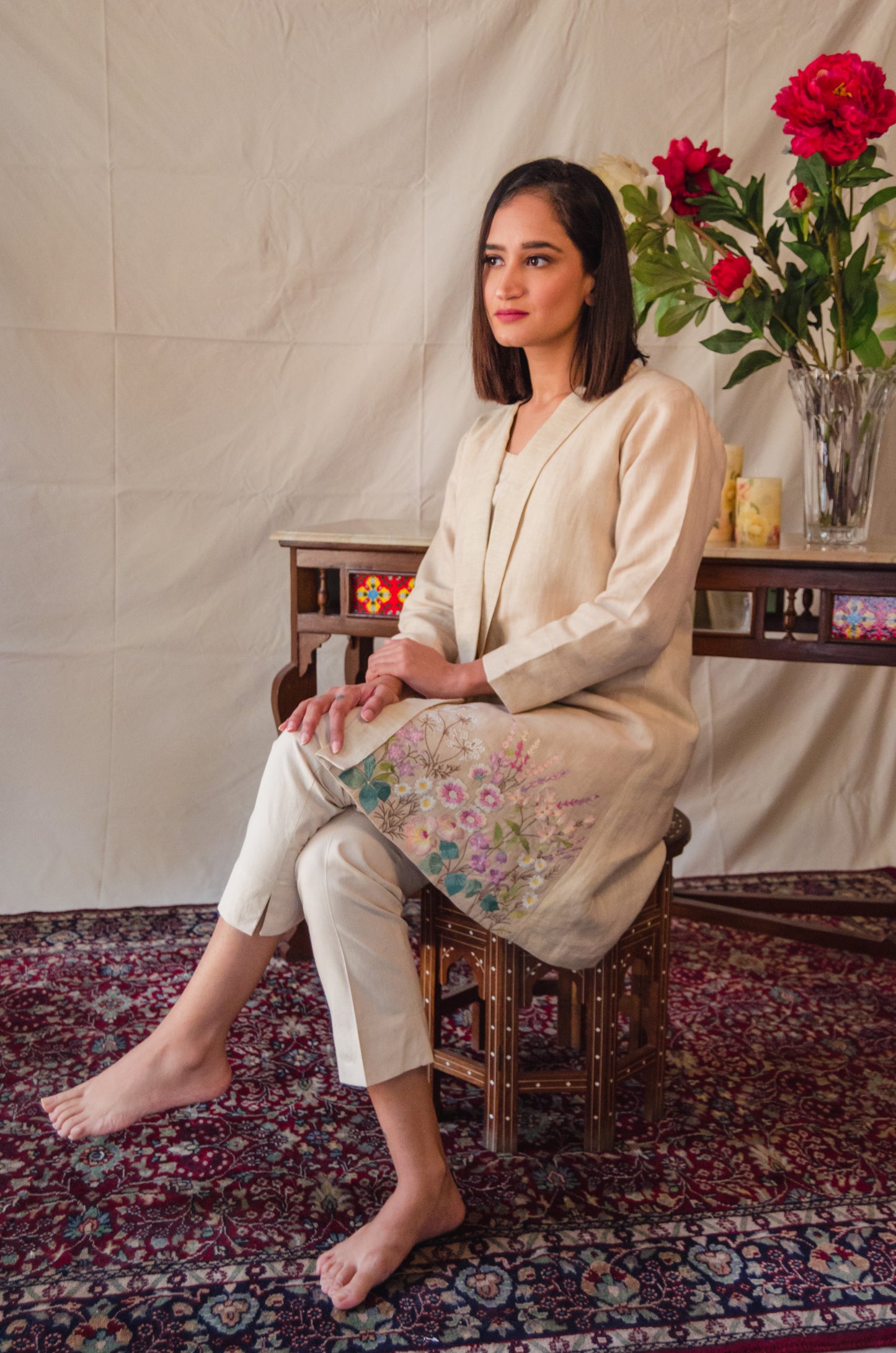 Beige Kurta Set with Embroidered Overlay in Lavender Floral pattern