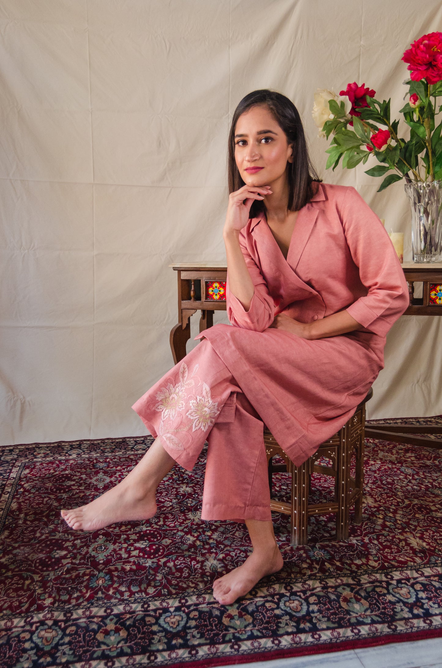 Onion Pink Pants with Floral Embroidery