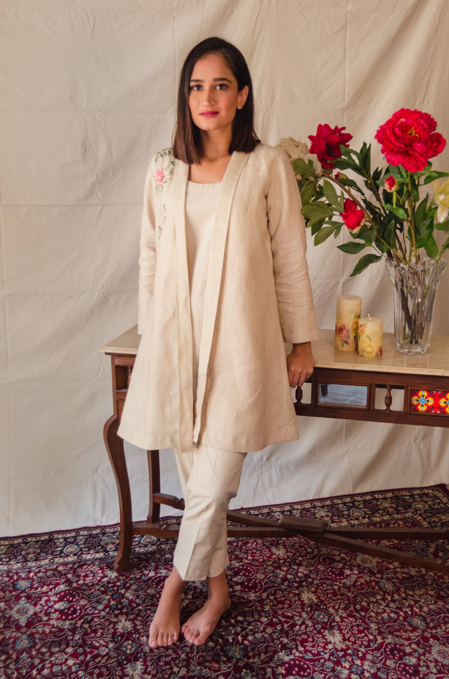 Beige Embroidered Overlay with Pink Floral Patterns
