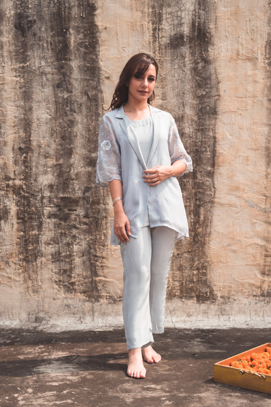 Crepe Co-ord Set with Embroidered Overlay in Silver Grey