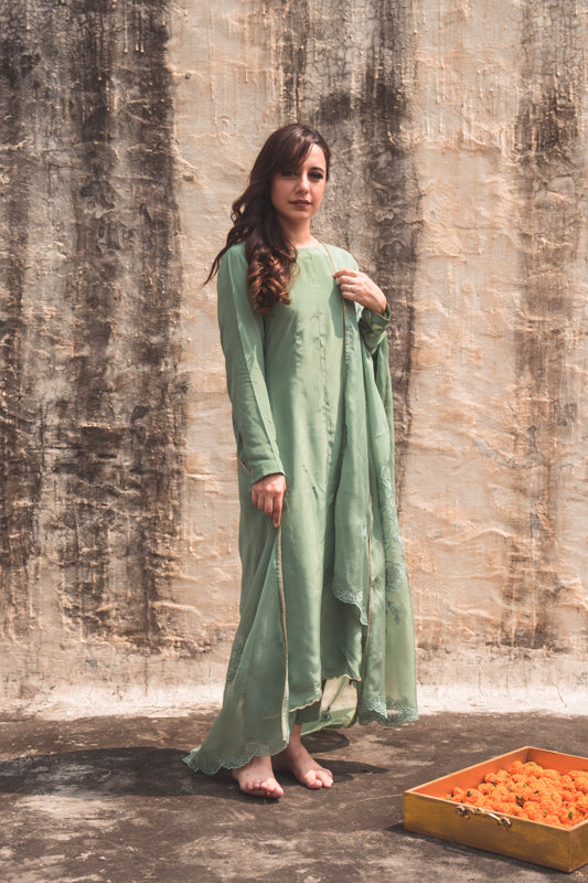 Crepe Kurta Set with Embroidered Dupatta in Dark Sea Green