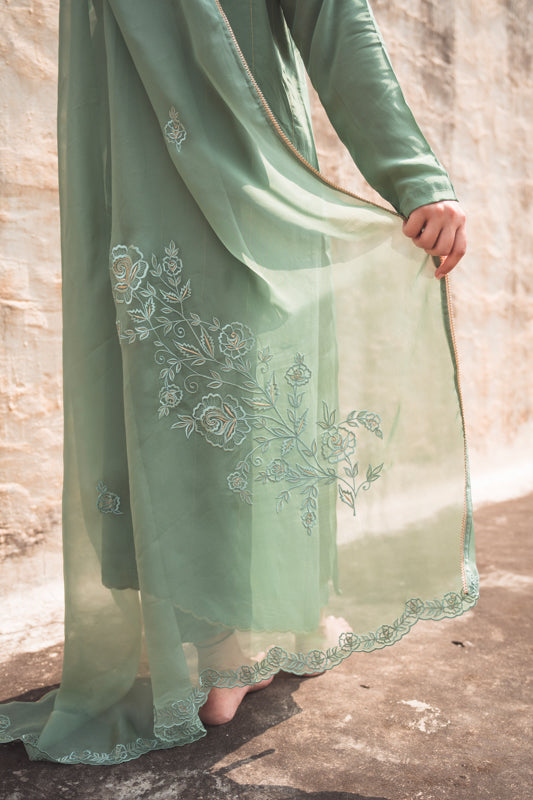Crepe Kurta Set with Embroidered Dupatta in Dark Sea Green